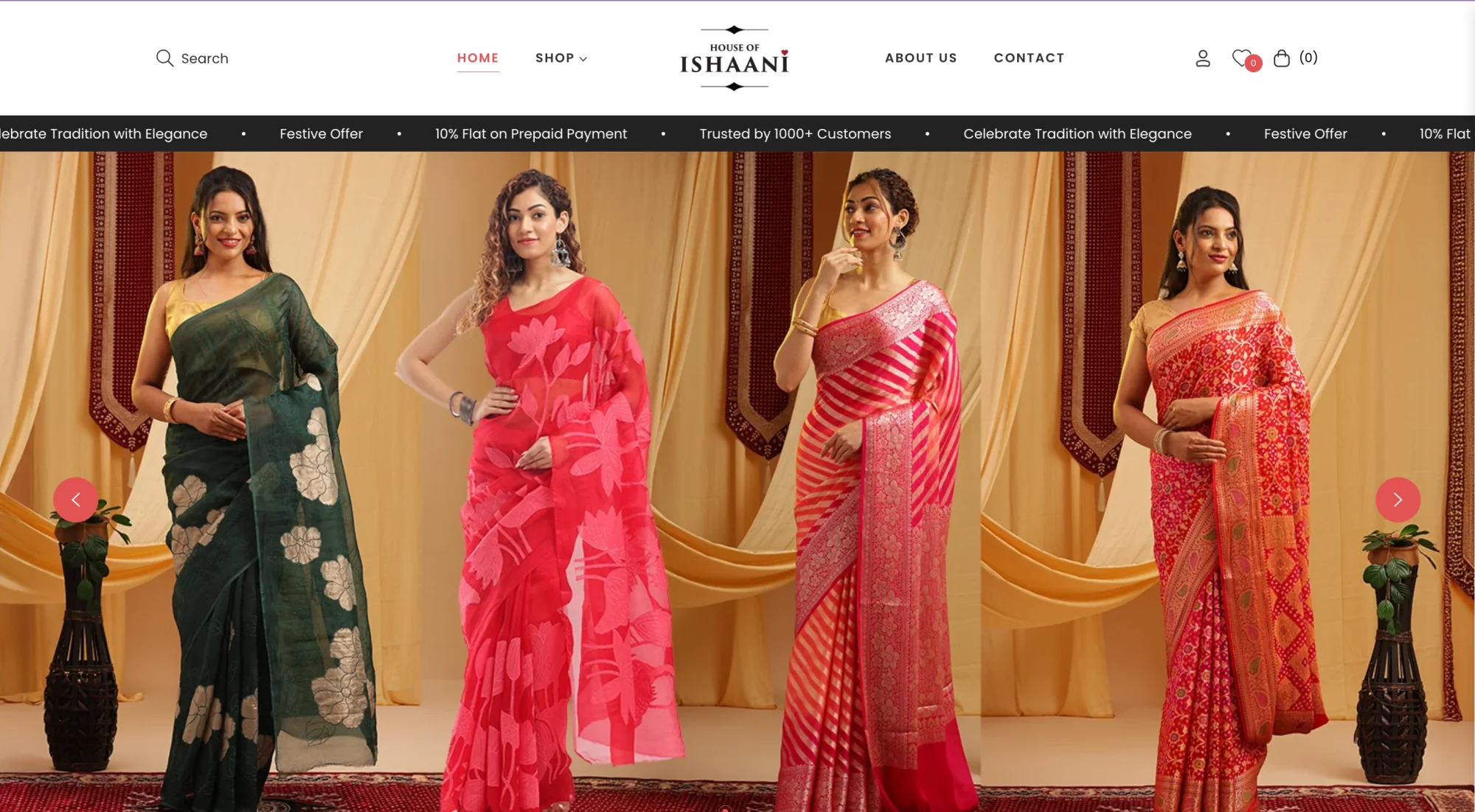 Screenshot of the House of Ishaani Banarasi saree store homepage