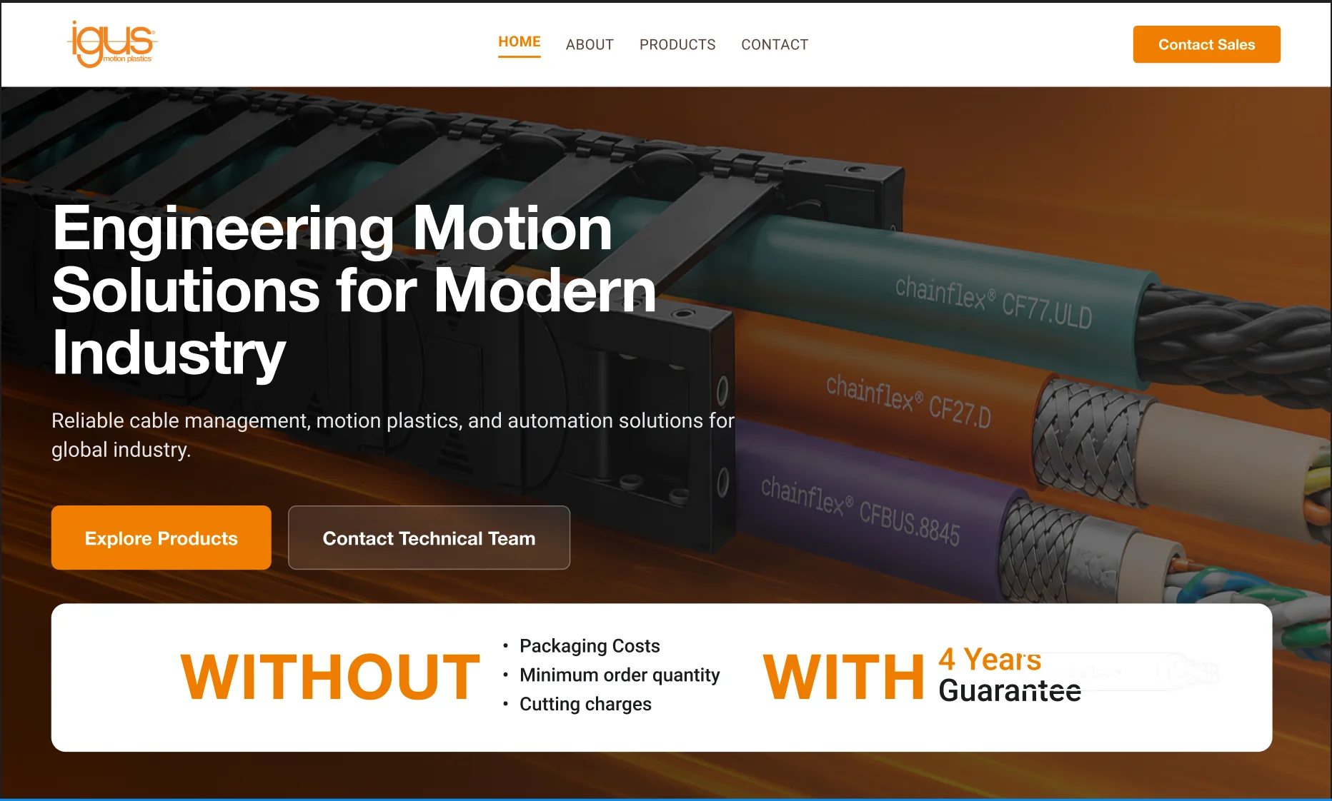Screenshot of the igus Chainflex India B2B cable catalogue homepage