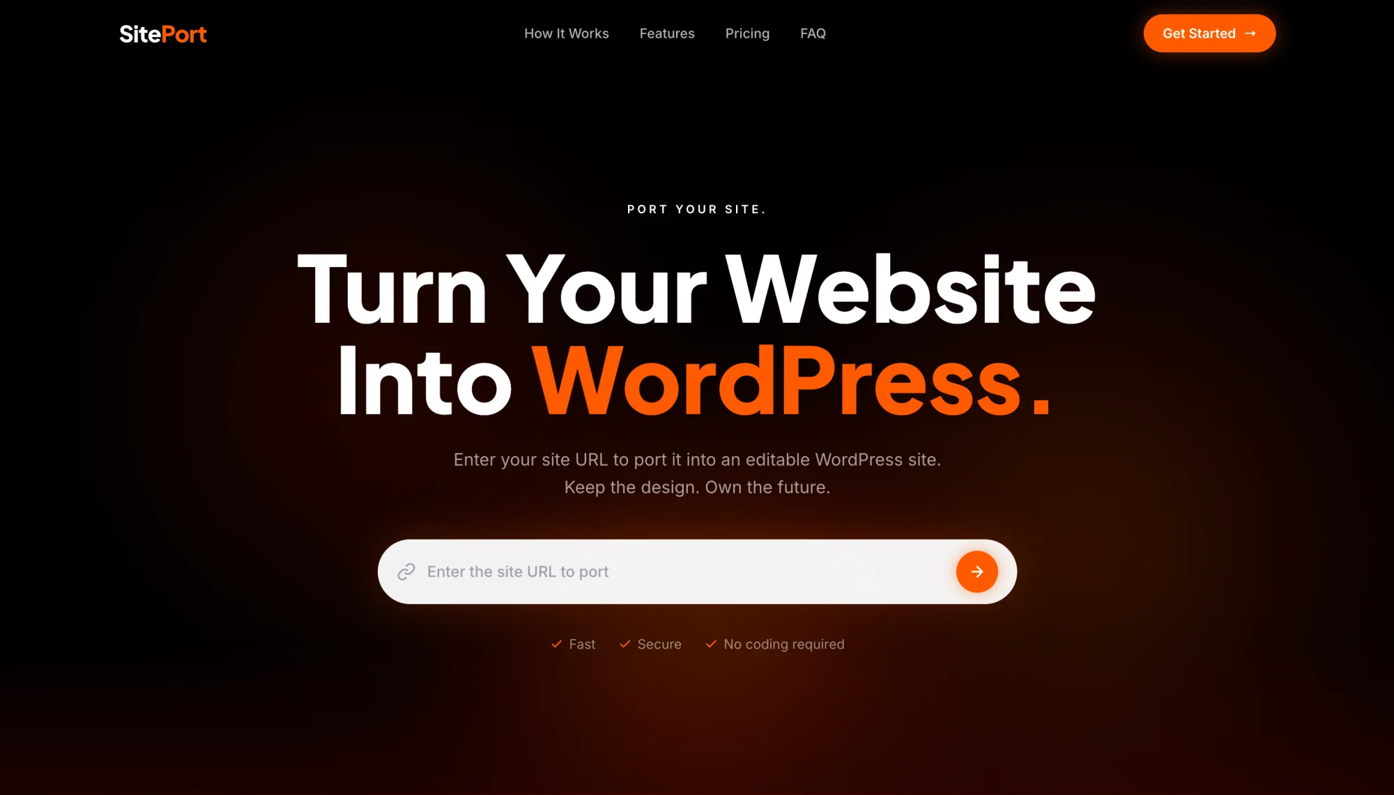 Screenshot of the SitePort landing page for converting a Lovable site into WordPress