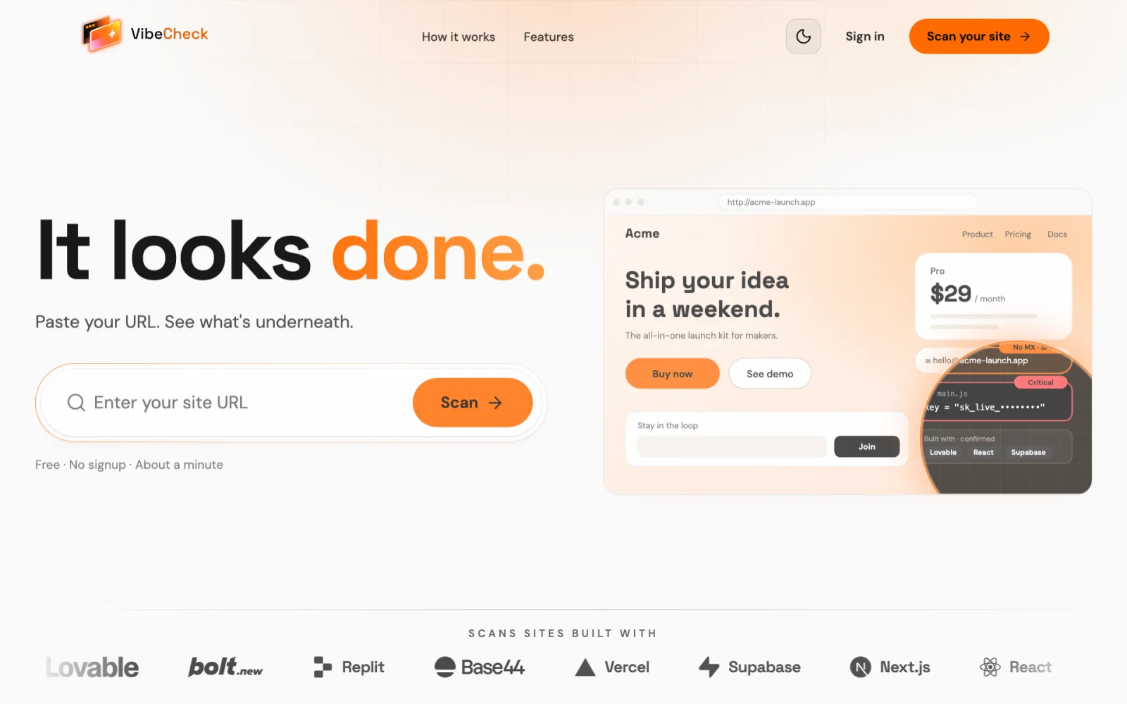 VibeCheck homepage hero: 'It looks done.' with a URL field to scan your site, beside a preview of a launch-ready site with flagged issues