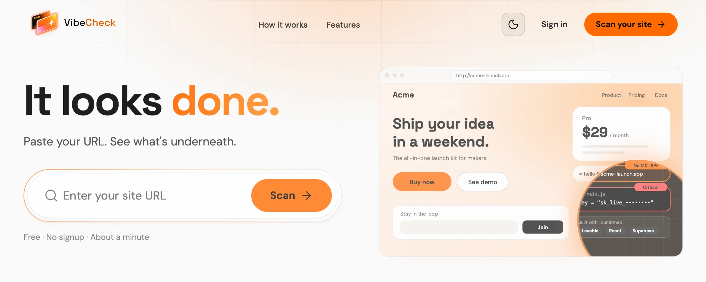 VibeCheck homepage hero: 'It looks done.' with a URL field to scan your site, beside a preview of a launch-ready site with flagged issues