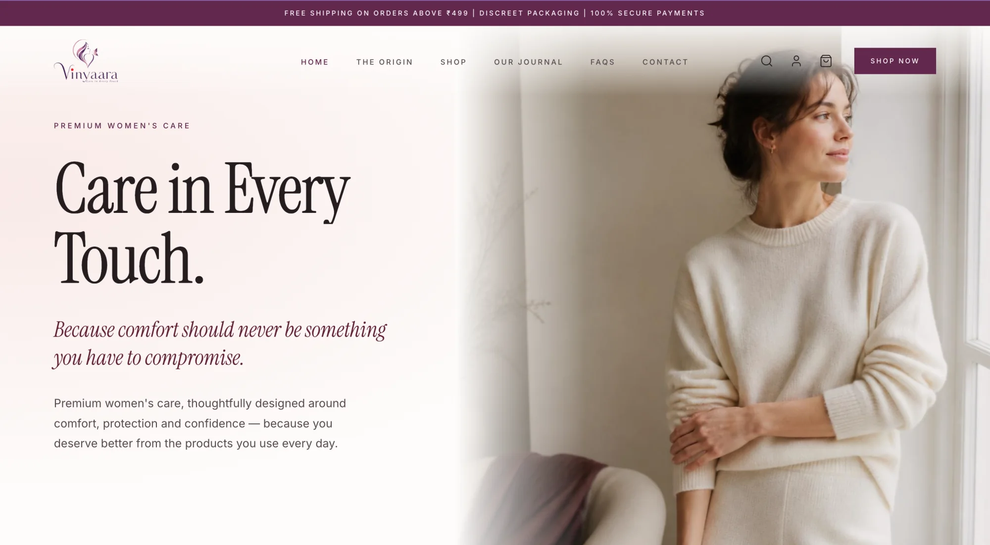 Screenshot of the Vinyaara premium women's care storefront homepage